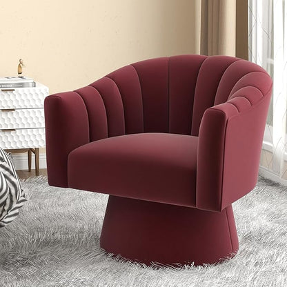 Swivel Accent Chair,Upholstered Velvet 360° Swivel Barrel Chair for Living Room Overstuffed Bouncle Reading Chair Round Armchair for Bedroom,Vanity,Office(Red)