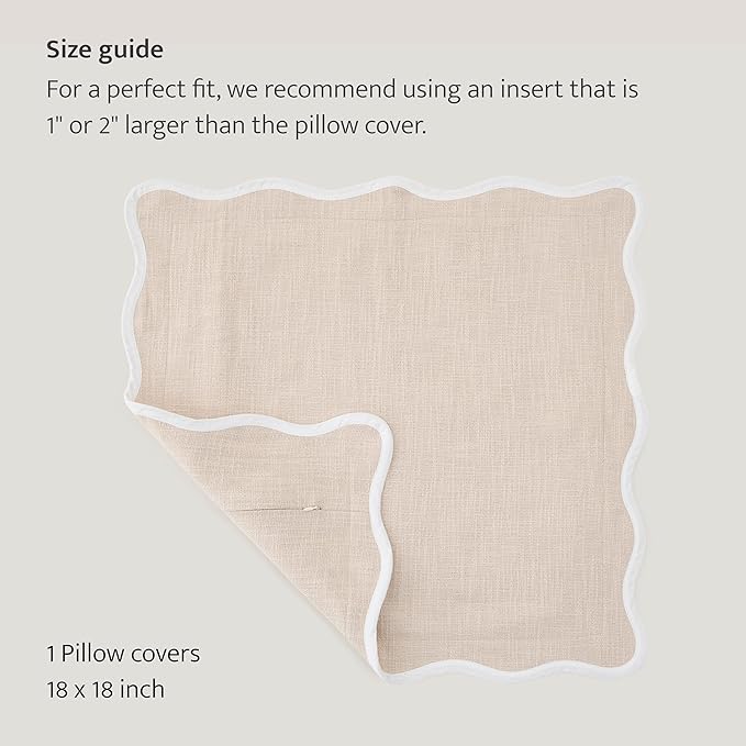 Double Stitch Scalloped Throw Pillow Covers - 100% Cotton Decorative Boho Pillow Covers 18 x 18, Made in India, Square Cushion Case, Modern Home Decor for Couch Sofa Living Room, Oat Milk