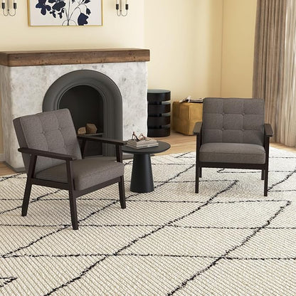 Modern Accent Chair with Arm Rest Set of 2, Upholstered Linen Fabric Leisure Chair Comfy Side Chair with Backrest Button and Wooden Frame for Living Room Bedroom Reading(Gray)