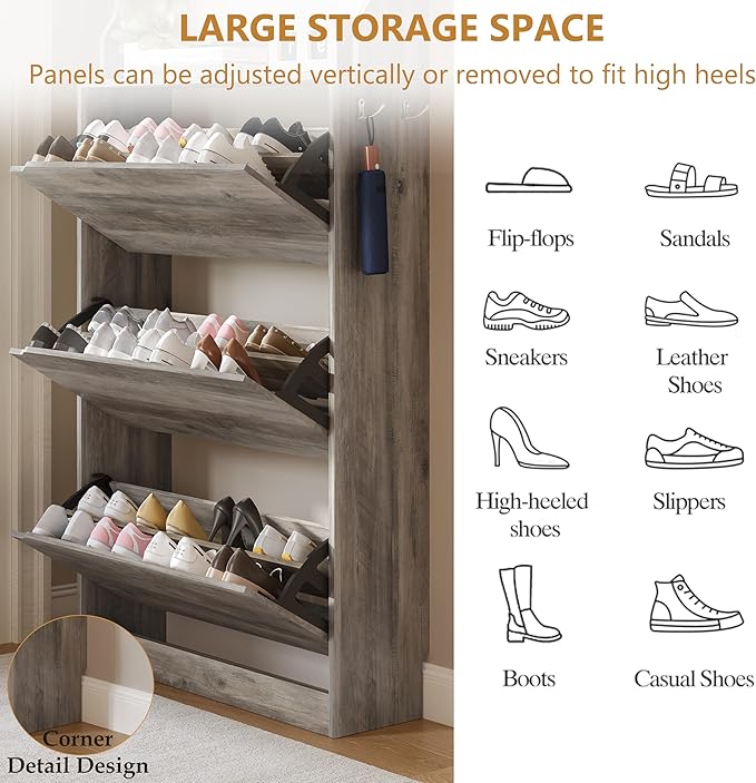 Tall Shoe Cabinet with Coat Rack, Hidden Shoe Storage Cabinet with Doors & Drawer, Hanging Bar & Hooks, Slim Narrow Freestanding Shoe Rack Organizer for Entryway, Hallway & Living Room, Grey
