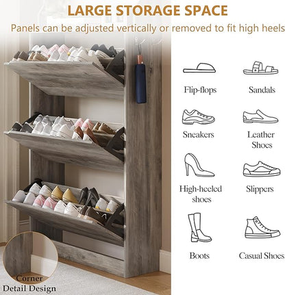 Tall Shoe Cabinet with Coat Rack, Hidden Shoe Storage Cabinet with Doors & Drawer, Hanging Bar & Hooks, Slim Narrow Freestanding Shoe Rack Organizer for Entryway, Hallway & Living Room, Grey