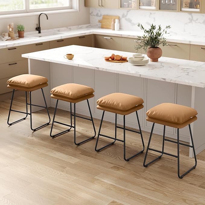 VASAGLE Bar Stools Set of 2, Counter Height Bar Stools, Leather Counter Stools Barstools with Soft Cushion and Metal Sled Legs, 25.6 Inches Bar Height Bar Chairs for Kitchen Island, Caramel Brown