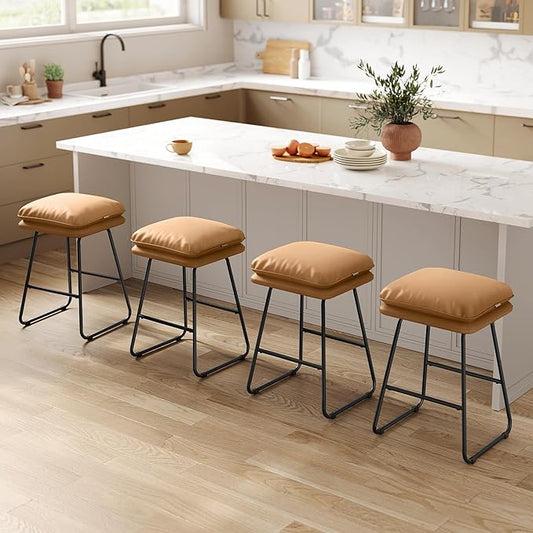 VASAGLE Bar Stools Set of 4, Counter Height Bar Stools, Leather Counter Stools Barstools with Soft Cushion and Metal Sled Legs, 25.6 Inches Bar Height Bar Chairs for Kitchen Island, Caramel Brown