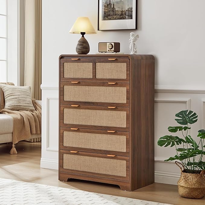 43" Tall Dresser for Bedroom, 5 Drawer Mid Century Modern Dresser with Natural Linen, Curved Wood Chest of Drawers Closet Clothes Storage Organizer for Living Room, Hallway (Walnut)