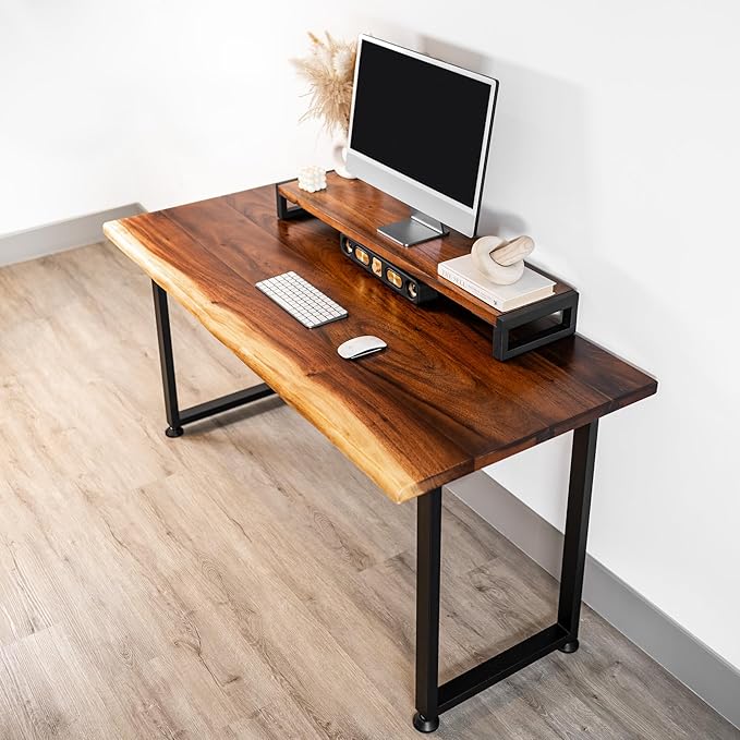 Wood Computer Desk with Monitor Stand - 48x27 Solid Wood Desk, Live Edge Walnut Desk, Sturdy Metal Legs - Scratch and Stain Resistant Finish - Premium Quality