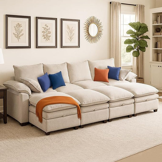 130" U Shaped Modular Sectional Sofa, Couch with Ottoman Storage, Chenille Cloud Couch with Plush Deep Seating for Living Room, Bedroom (8 Seat, Beige)