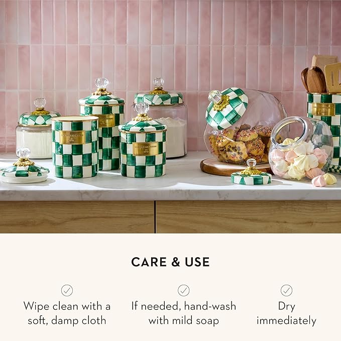 MACKENZIE-CHILDS Large Kitchen Canister, Decorative Glass Storage Jar with Lid, Green-and-White Emerald Check