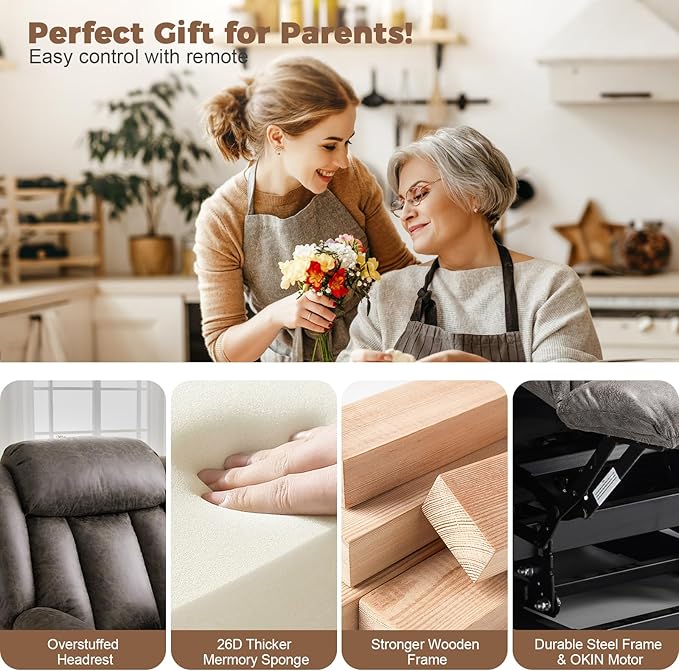HUSFU Power Lift Recliner Chairs for Elderly with Massage and Heat, Extra Wide Oversized Recliners, Breathable Leather Lift Chairs w/Cup Holders, USB & Type-C Ports, Grey