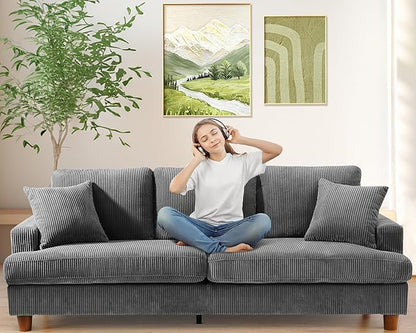Kidirect 87in Corduroy Couch, Sofa No Tool Assembly, Comfy Couches for Living Room 21in Deeper Seats, Corduroy Sofas for Living Room with 2 Pillows, Oversized Loveseat Sofa, Boho Love Seat Grey Couch
