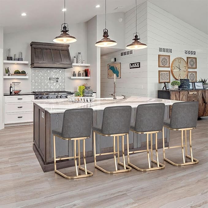 Sophia & William Counter Height Bar Stools Set of 4, Gold Bar Stools for Kitchen Island, Modern PU Leather Counter Stools,Grey & Gold