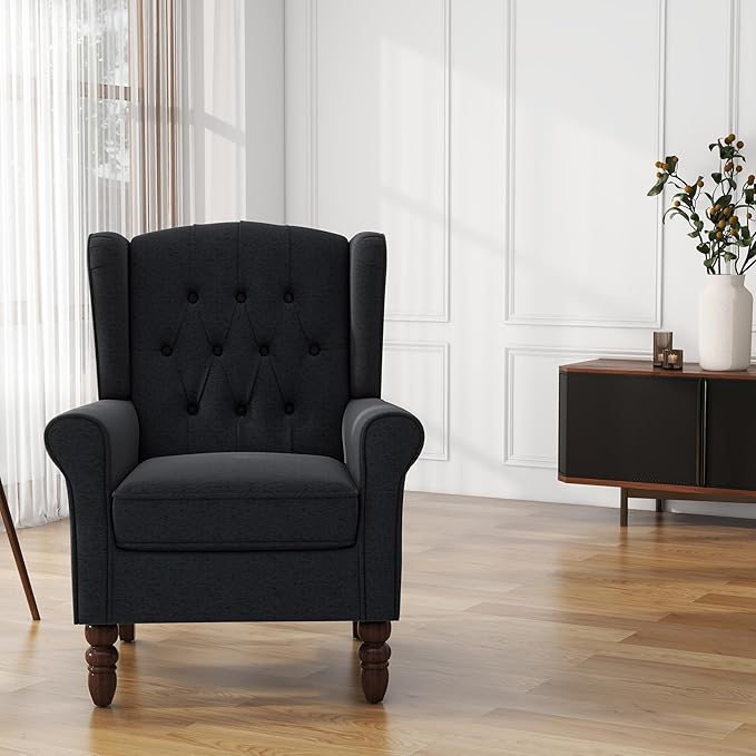 UIXE High Back Accent Chair, Fabric Upholstered Armchair Wingback Club Chair for Living Room, Comfy Single Sofa Bedroom Retro Reading Seat with Solid Wood Legs - Brown