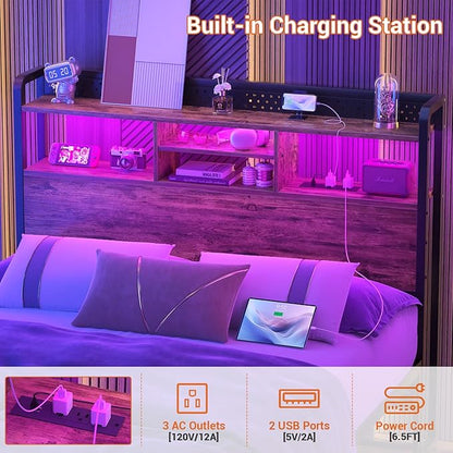 Unikito Headboard for Full Size Bed with Storage Shelf, Head Board with 3 Outlets and 2 USB Ports, Headboards with RGB LED Light, Height Adjustable, Sturdy and Stable, Easy Assembly, Rustic Brown