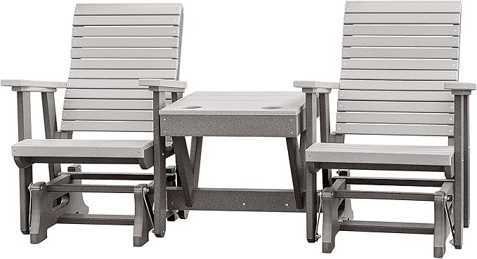 DutchCrafters Modern Horizontal Slat High Back Poly Double Glider Chairs with Center Table Outdoor Patio Furniture (Gray &Light Gray)