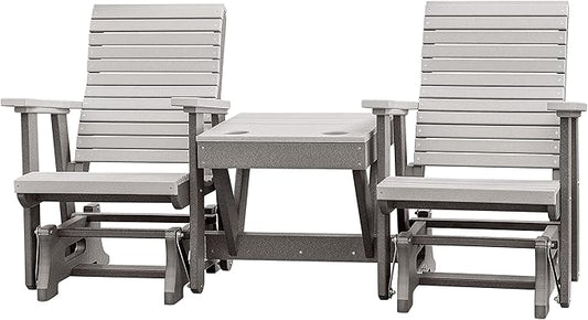 DutchCrafters Modern Horizontal Slat High Back Poly Double Glider Chairs with Center Table Outdoor Patio Furniture (Gray &Light Gray)