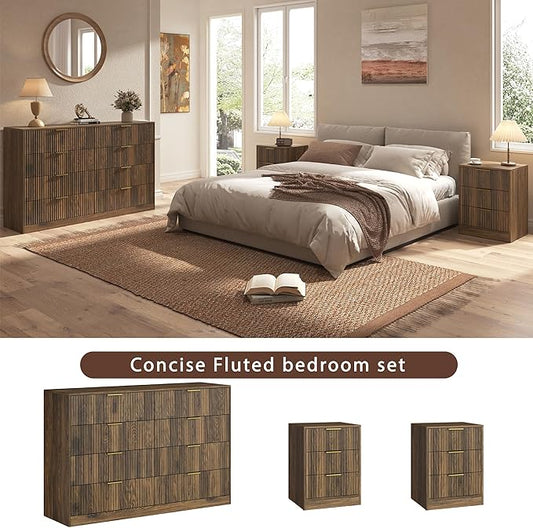 3-Piece Modern Bedroom Furniture Set, Wide 8-Drawer Dresser & 3-Drawer Nightstands Set of 2, Natural Wood Dresser and Nightstand Sets for Bedroom, Hallway, Walnut