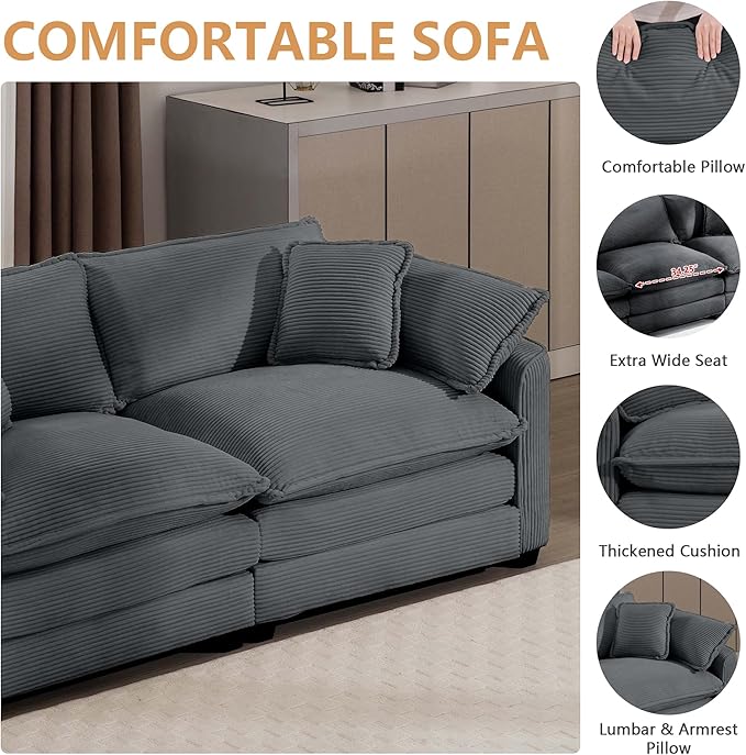 mikibama Luxury 3 Piece Sofa Set, 3-Seater & 2 Loveseat Couch Set, Modern Corduroy Comfy Cloud Couches Set for Living Room Office with 6 Armrest Pillows and 7 Toss Pillows, Grey