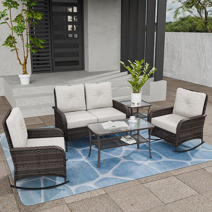 COOS BAY Vintage Courtyard Patio Furniture Set, Wicker Outdoor Furniture, Patio Conversation Sets, 2 Rocking Chairs, Loveseat, Coffee Table and Side Table, 5 Pieces, Gray/Beige