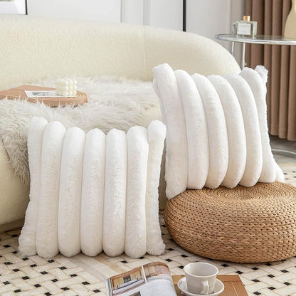Neelvin Cream White Faux Fur Cozy Soft Striped Decorative Throw Pillow Covers 16x16 inch Set of 2,Velvet Pillowcase Cushion Case for Sofa Couch