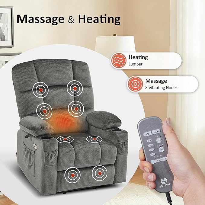 MCombo Large Dual Motor Power Lift Recliner Chair for Elderly, Massage and Heat, Lay Flat, Zero Gravity, Home Button, USB Port, Fabric 7680 (Large, Grey)