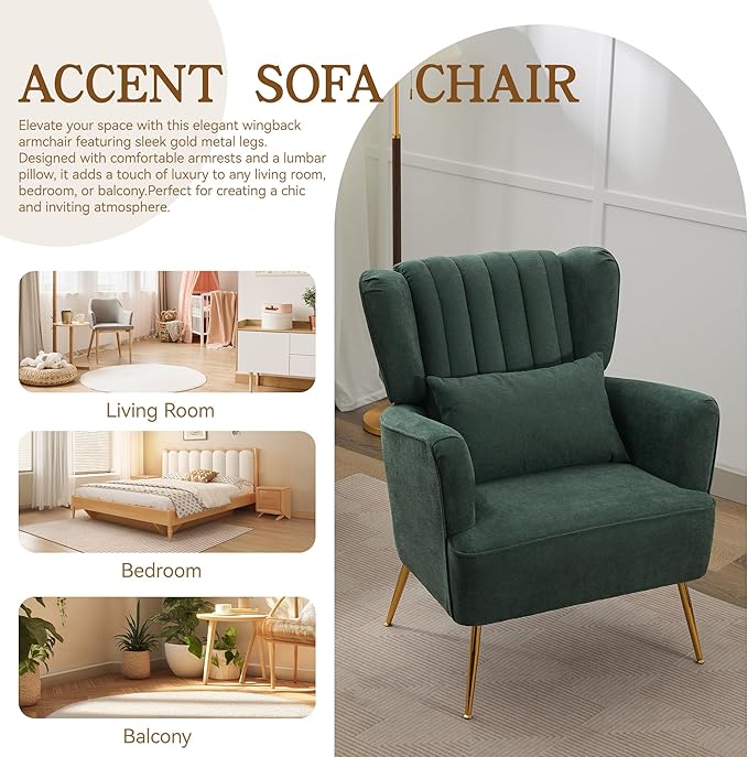 Fabric Accent Living Room Arm Chair with Pillow & Golden Legs, 8.5" Thick Cushion, Mid Century Modern Wingback Chairs Upholstered Comfy Sofa Armchair for Reading Room/Bedroom, Green