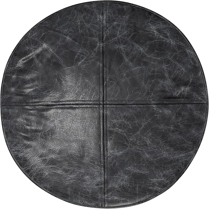 SIMPLIHOME Connor Boho Round Pouf in Distressed Black Genuine Leather for the Living Room, Bedroom and Kids Room