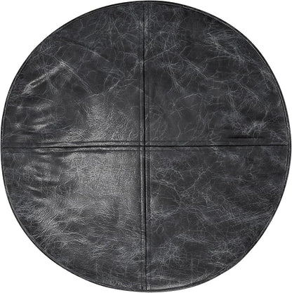 SIMPLIHOME Connor Boho Round Pouf in Distressed Black Genuine Leather for the Living Room, Bedroom and Kids Room