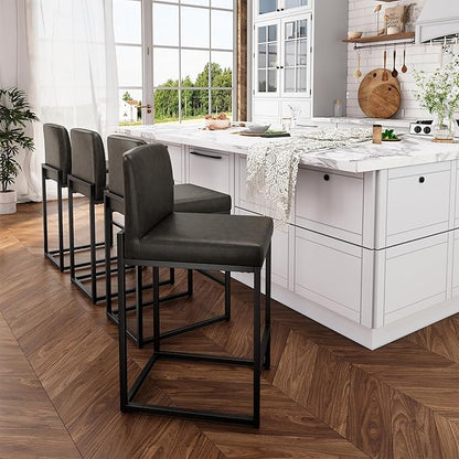 ALPHA HOME 24 Inch Bar Stools Set of 4, Kitchen Counter Stools with Backs, PU Leather Barstools, Kitchen Stools with Back&Upholstered Footrest, Sturdy Chromed Metal Steel Frame, Grey