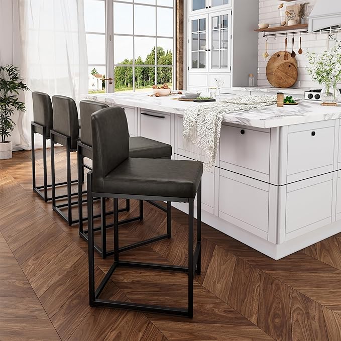 ALPHA HOME 24 Inch Bar Stools Set of 6, Kitchen Counter Stools with Backs, PU Leather Barstools, Kitchen Stools with Back&Upholstered Footrest, Sturdy Chromed Metal Steel Frame, Grey