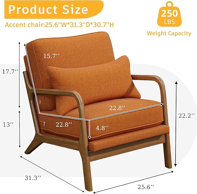 Mid-Century Accent Chair Set of 2,Linen Fabric Lounge Chair with Wide Armrest,Linen Fabric Armchair withLumbar Pillow & Solid Wood Frame for Living Room, Bedroom, Balcony(Orange)