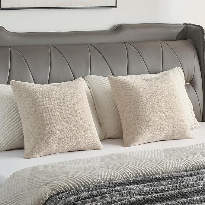 FUTEI Beige Chenille Throw Pillow Covers 26x26 Inch Set of 2,Soft Striped & Diamond Textured Euro Pillow Shams,Modern Home Decor for Couch Living Room