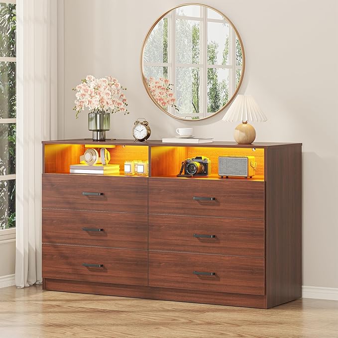 Bigbiglife Dresser for Bedroom, 6 Drawer Dresser with Charging Station and Led Light, Modern Chest of Drawers for Bedroom, Living Room (Walnut Brown)