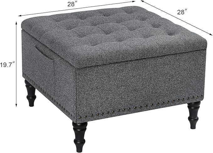 Square Ottoman with Storage Tufted Upholstered Storage Ottoman Square Coffee Table Ottomans with Legs 28’’ Large Fabric Footrest Ottomans Stool with Lift Top for Living Room Grey