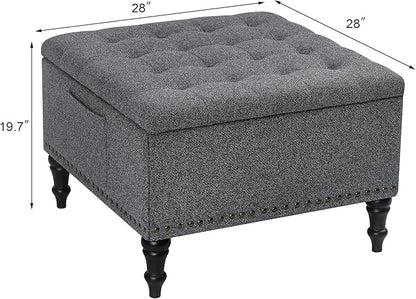 Square Ottoman with Storage Tufted Upholstered Storage Ottoman Square Coffee Table Ottomans with Legs 28’’ Large Fabric Footrest Ottomans Stool with Lift Top for Living Room Grey