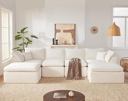 143" Cloud Sectional Couch, Boneless couches for Living Room，U Shaped Couch with Convertible Ottoman, Modular Sectional Sofa with Deep Seat, Comfy Soft Cushions, No Assembly, Beige