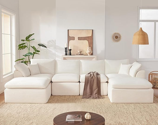 143" Cloud Sectional Couch, Boneless couches for Living Room，U Shaped Couch with Convertible Ottoman, Modular Sectional Sofa with Deep Seat, Comfy Soft Cushions, No Assembly, Beige