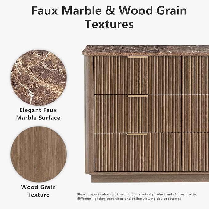 win2win 6 Drawer Dresser, Mid Century Modern Dresser with Storage, 47" Wide Fluted Chest of Drawers with Faux Marble Top, Dressers TV Stand, Drawers Organizer for Bedroom, Living Room, Hallway Walnut