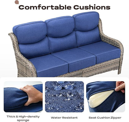 Rilyson Wicker Outdoor Patio Furniture Set - 8 Piece Patio Conversation Sets with Swivel Rocker Chairs, Ottomans, Sofa and Coffee Table, 6 inch Cushions, Deep Seating, for Porch Deck Mixed Grey/Blue