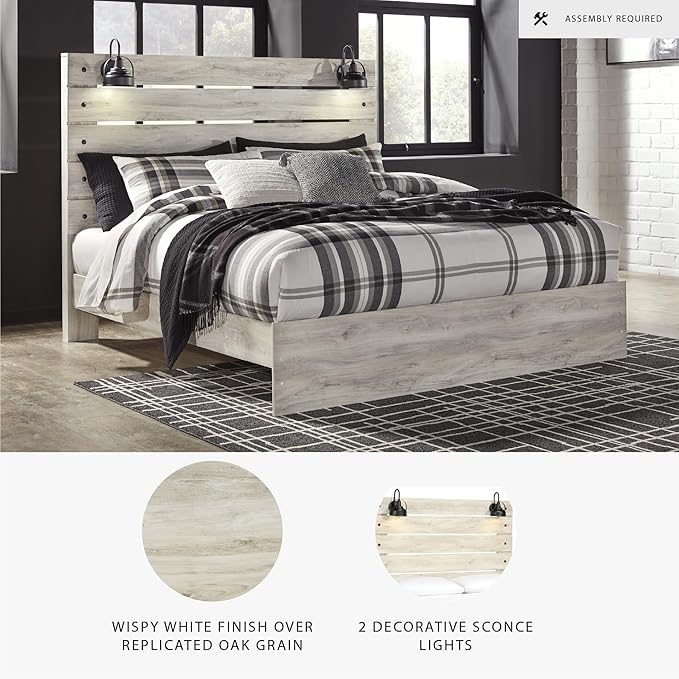 Signature Design by Ashley Cambeck Farmhouse King Panel Bed with Sconce Lights and USB Ports, Foundation or Box Spring Needed, Whitewash