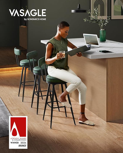 VASAGLE EKHO Collection - Bar Stools Set of 2, Swivel Bar Height Bar Stools with Back, Synthetic Leather with Stitching, Mid-Century Modern, 30-Inch Tall Barstools for Kitchen Home Bar, Forest Green