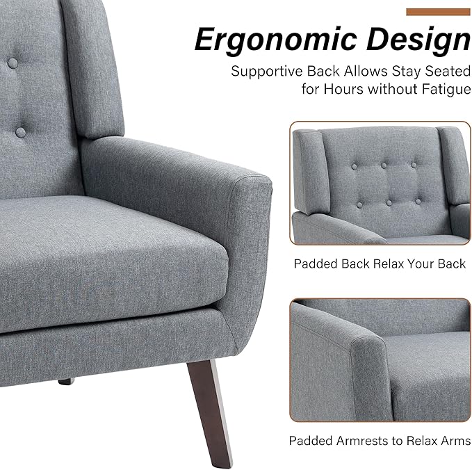 Accent Chair, Modern Fabric Armchair for Living Room, Comfy Upholstered Arm Chair Tufted for Indoor Bedroom Office Room (Gray)