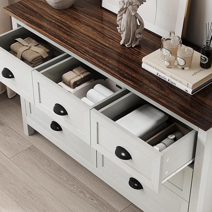Farmhouse White Dresser for Bedroom, Wide Wood Dressers & Chests of Drawers with Vintage Black Handle, 7 Drawer Dresser for Bedroom Hallway, Entryway, Antique White