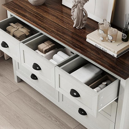 Farmhouse White Dresser for Bedroom, Wide Wood Dressers & Chests of Drawers with Vintage Black Handle, 7 Drawer Dresser for Bedroom Hallway, Entryway, Antique White