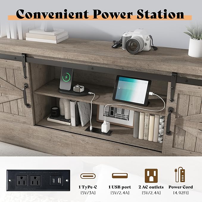AMERLIFE Farmhouse Full Bed Frame with Storage Headboard & Charging Station, Rustic Wood Platform Bed with Barn Door Bookcase, No Box Spring Needed, Light Grey Bedroom Furniture