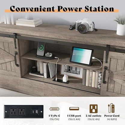 AMERLIFE Farmhouse Queen Bed Frame with Storage Headboard & Charging Station, Rustic Wood Platform Bed with Barn Door Bookcase, No Box Spring Needed, Light Grey Bedroom Furniture