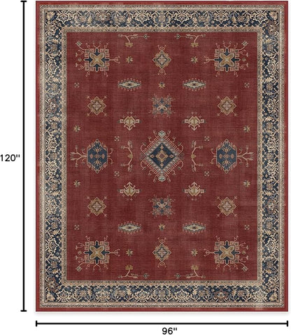 RUGGABLE Washable Vintage Area Rug – Verena Amber Red 8x10, Stain-Resistant, Non-Slip – Large Machine Washable Rugs for Living Room, Bedroom, Hallway, Entryway & Office–with Standard Pad