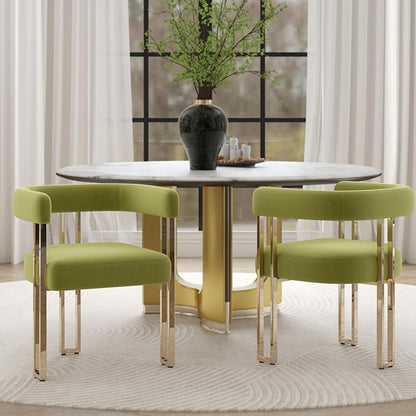 Green and Gold Modern Dining Chairs Set of 2, Velvet Upholstered Barrel Armchairs with Metal Legs for Kitchen Island, Mid Century Accent Chairs for Dining Room Living Room, Open-Back
