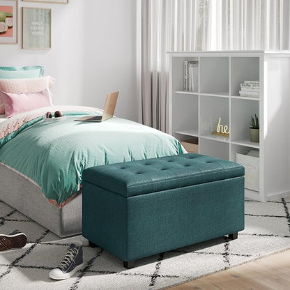 SIMPLIHOME Cosmopolitan 34 inch Wide Contemporary Rectangle Storage Ottoman in Teal Polyester Fabric, Assembled, For the Living Room, Entryway and Family Room