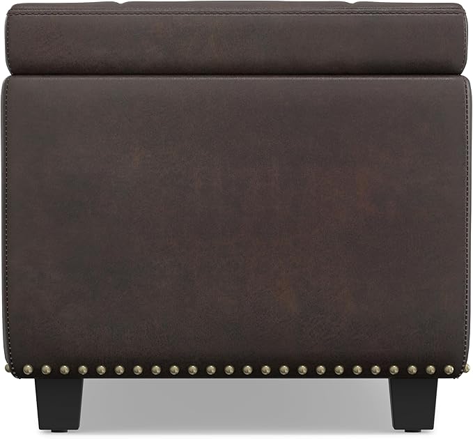 SIMPLIHOME Hamilton 48 inch Wide Transitional Rectangle Storage Ottoman in Distressed Brown Vegan Faux Leather, Assembled, For the Living Room, Entryway and Family Room