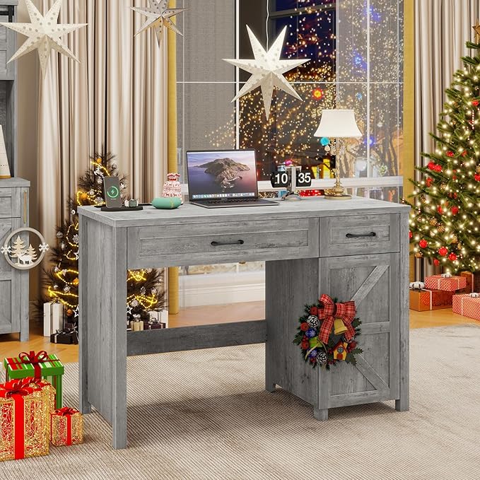 Farmhouse 47" Executive Desk, Computer Desk with Drawers and Storage Cabinet, Workstation Computer Desk for Home Office and Study(Grey
