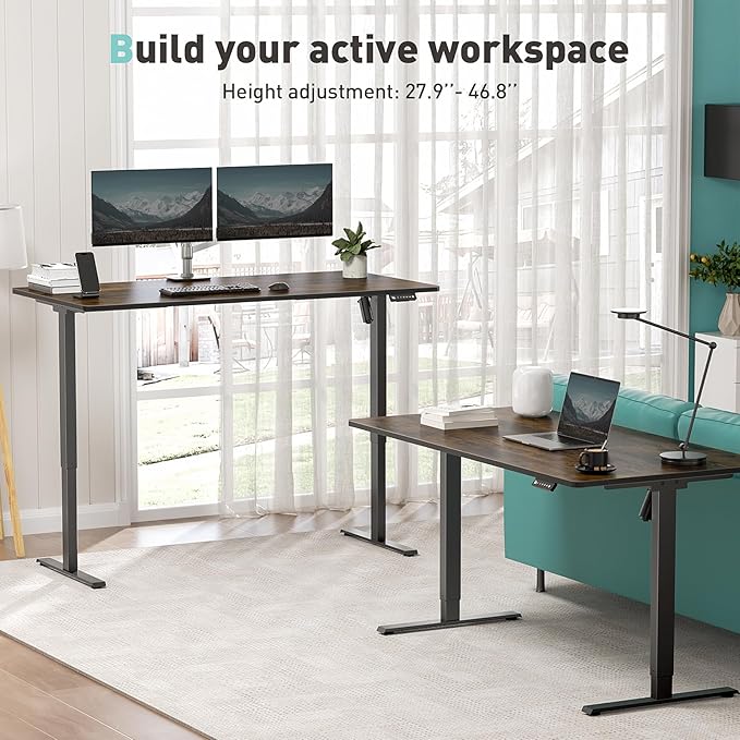 One-Piece Electric Standing Desk, 48 x 24 Inch Adjustable Height Sit to Stand Up Desk for Home Office, Work & Study, White Frame & Brown Desktop (2 Packages)
